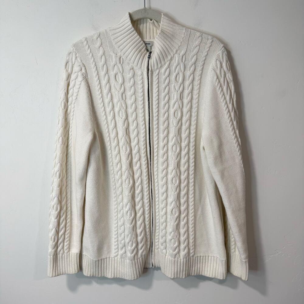 L.L. Bean Women's Sweater Double L‎ Mixed Cable Full Zip Mock Neck Cotton 1X